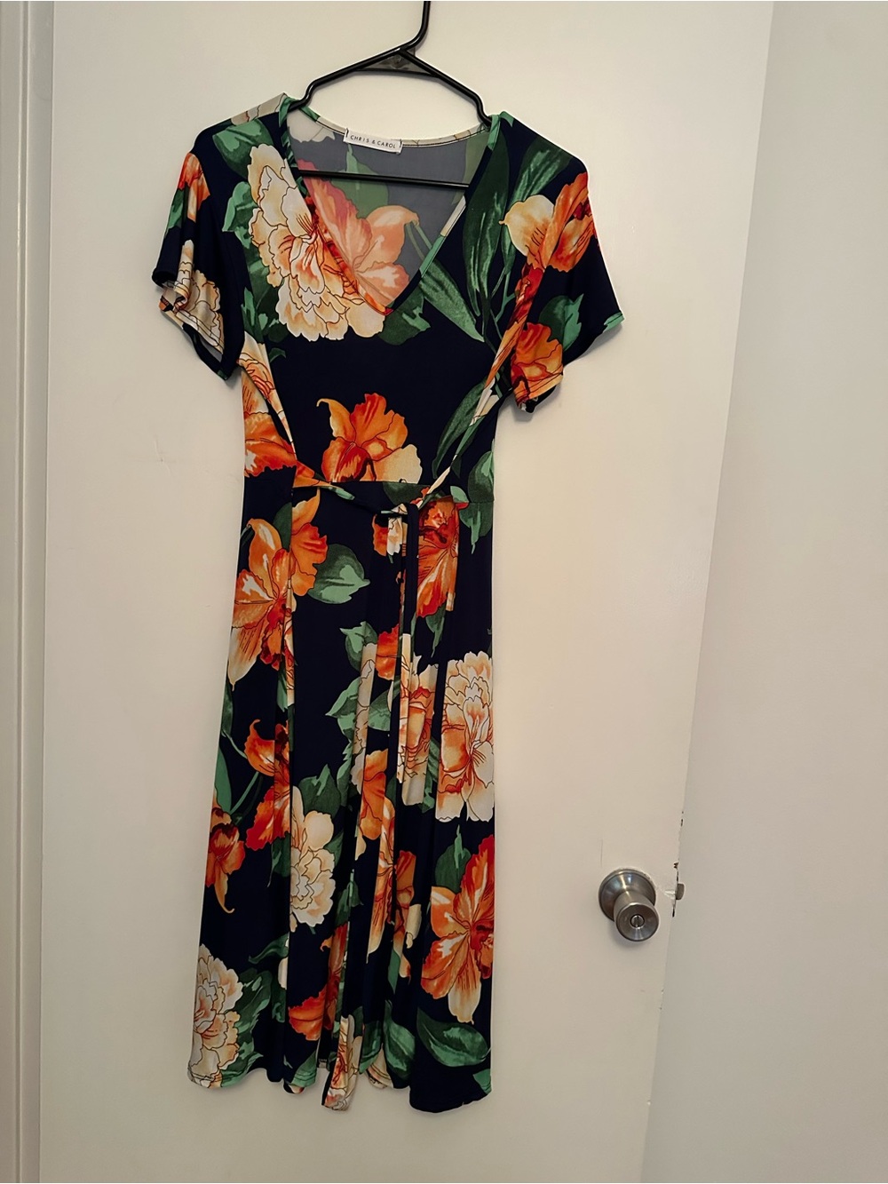 Chris & Carol Black Maxi Wrap Dress with Orange & Cream Floral Print